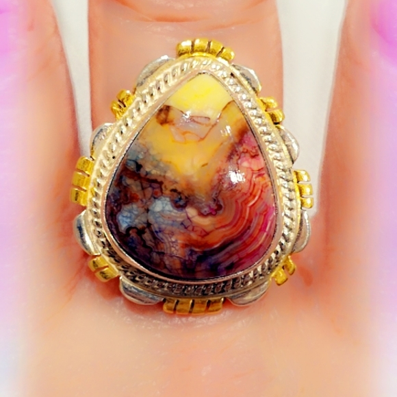Custom Made Sterling Silver Dyed Crazy Lace Gemstone Ring